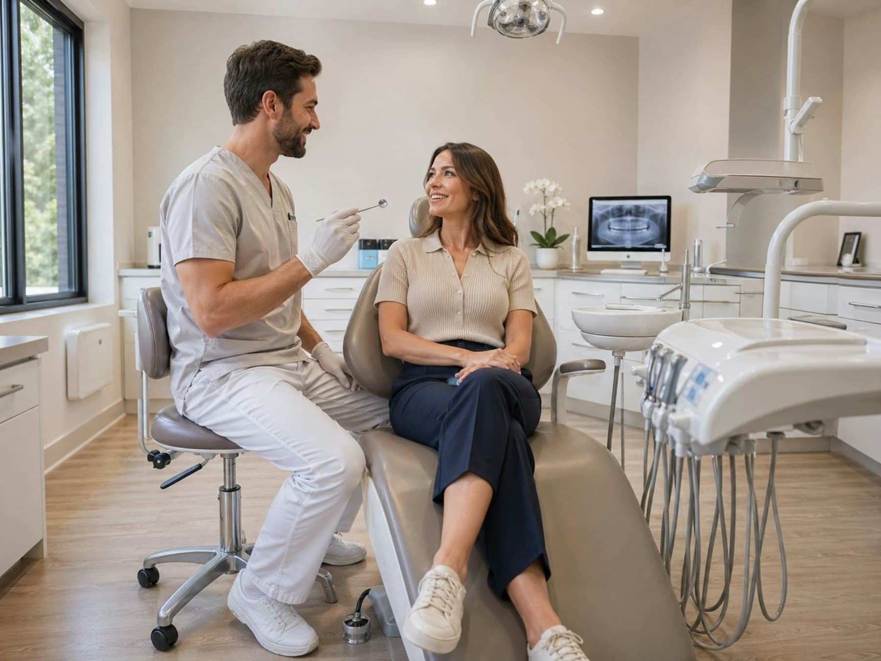 A dentist sitting beside a relaxed patient in a dental chair, talking with her in a bright, modern treatment room
